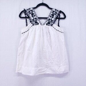 J. Crew White Tank Top Size 6 Embroidered Pom Pom Trim 100% Cotton Boho Chic